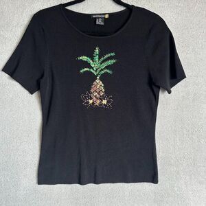 Sweaterworks Y2K Black M Stretch Short Sleeve Pineapple Sequin Beaded Slinky Top